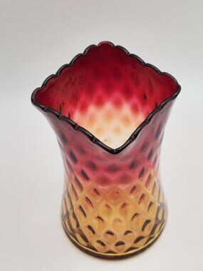 Vintage Amberina Diamond Optic Hand Blown Celery Vase Square Top 6.25"H